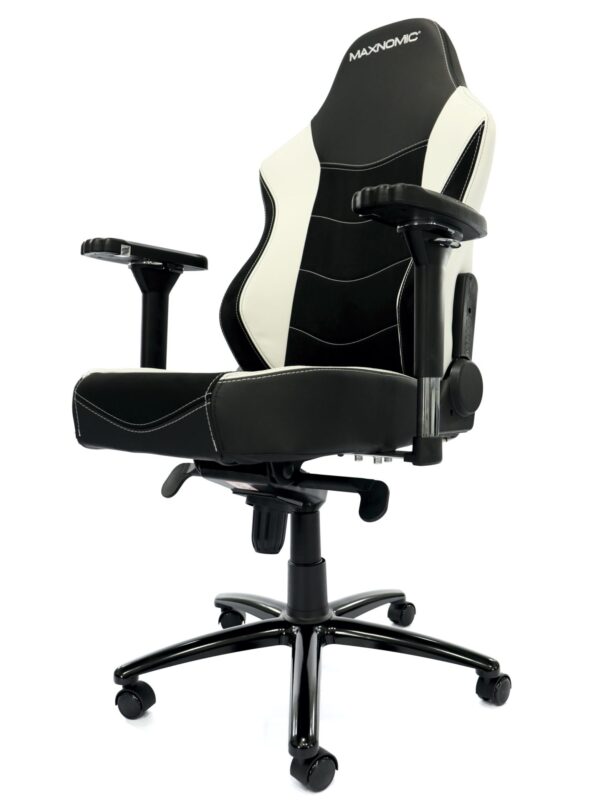 Office chair model Maxnomic® Leader Executive Edition in white. Black office chair with microfiber and imitation leather upholstery, white accents and integrated lumbar support, turned slightly to the left.