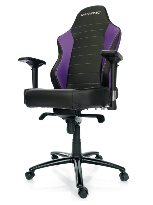 Bürostuhl Modell Maxnomic® Commander S Violett, ein schwarzer Gamingstuhl mit violetten Akzenten, leicht nach links gedreht.