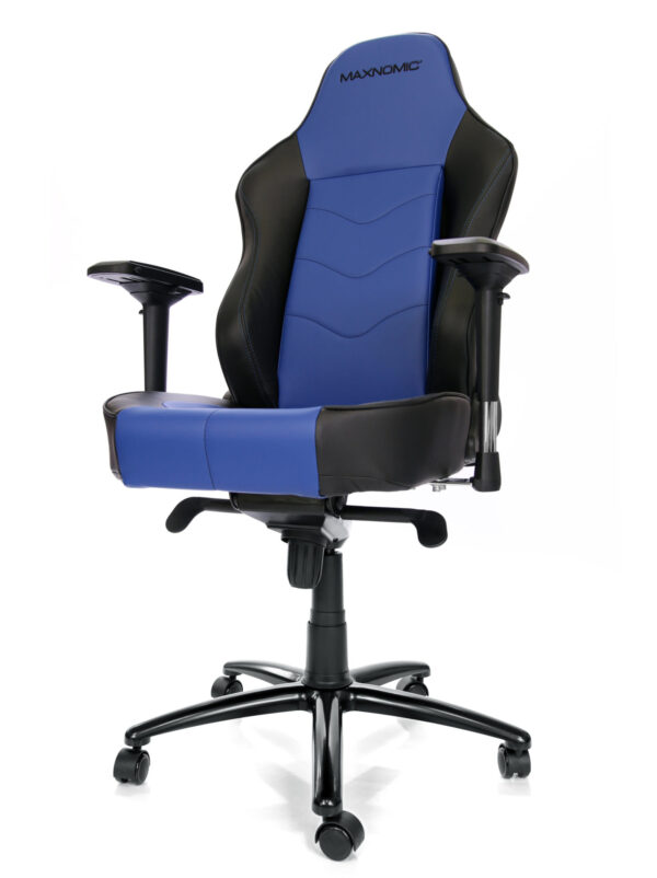 Office chair model: Leader in blue by Maxnomic® - Blue gaming chair with imitation leather upholstery, black accents and integrated lumbar support.