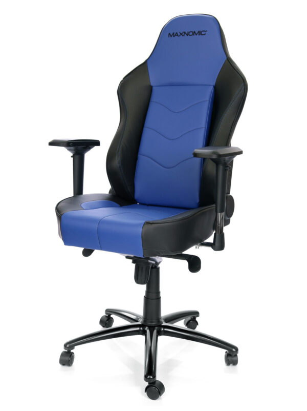 Office chair model Maxnomic® Leader Blue. Blue office chair with imitation leather upholstery, black accents and integrated lumbar support.