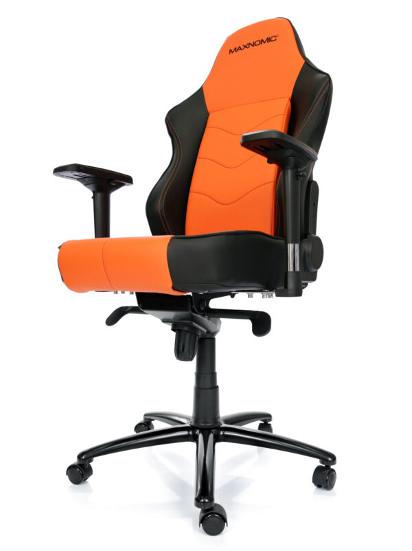 Office chair model: Leader in orange from Maxnomic® - Orange gaming chair with faux leather upholstery, black accents and integrated lumbar support.