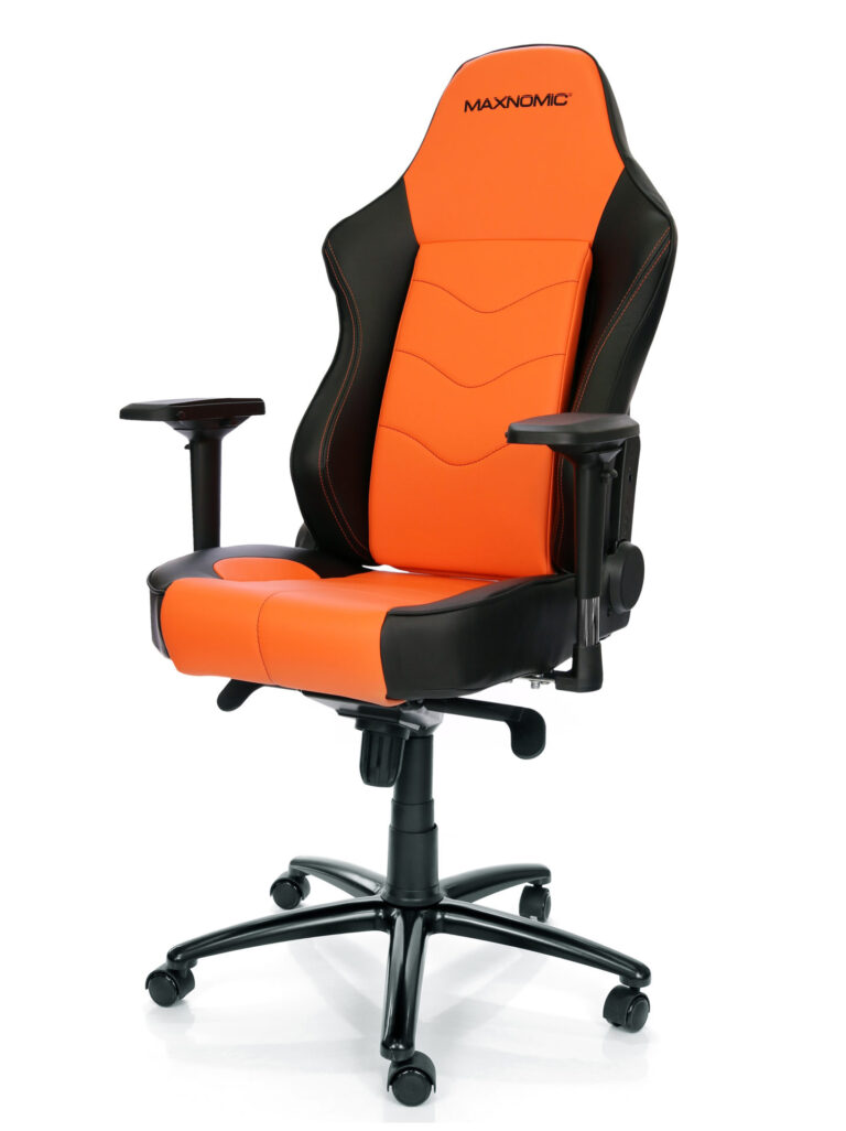 Office chair model Maxnomic® Leader Orange. Orange office chair with imitation leather upholstery, black accents and integrated lumbar support.