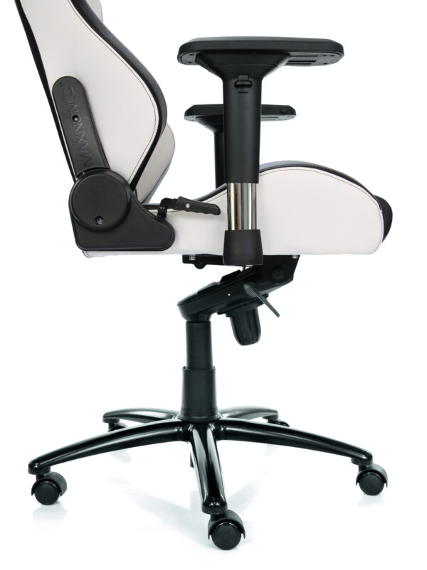 Side view of a black and white gaming chair. You can see the rocking mechanism, the base and the armrests.
