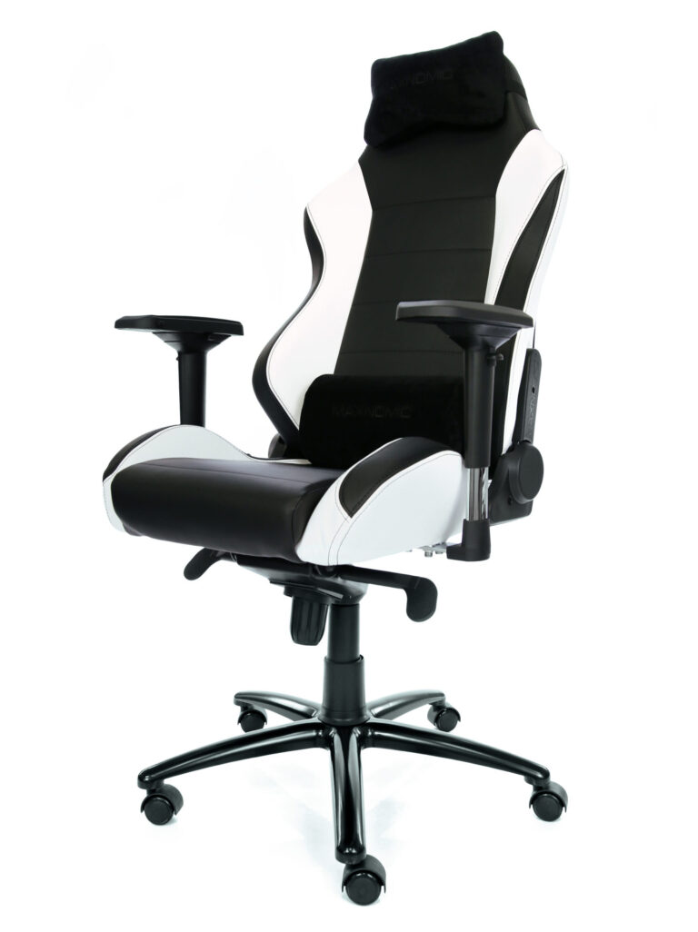 Black and white gaming chair turned slightly to the left with lumbar cushion.