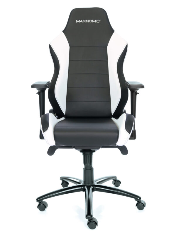 Front view of the black and white gaming chair.