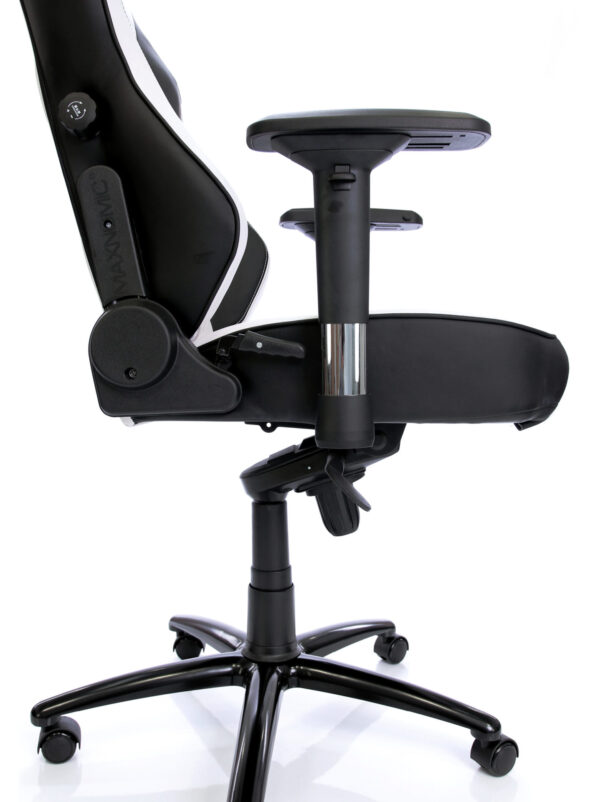 Side view of the Maxnomic® Commander S white, with armrests, tilt mechanism and base with castors.