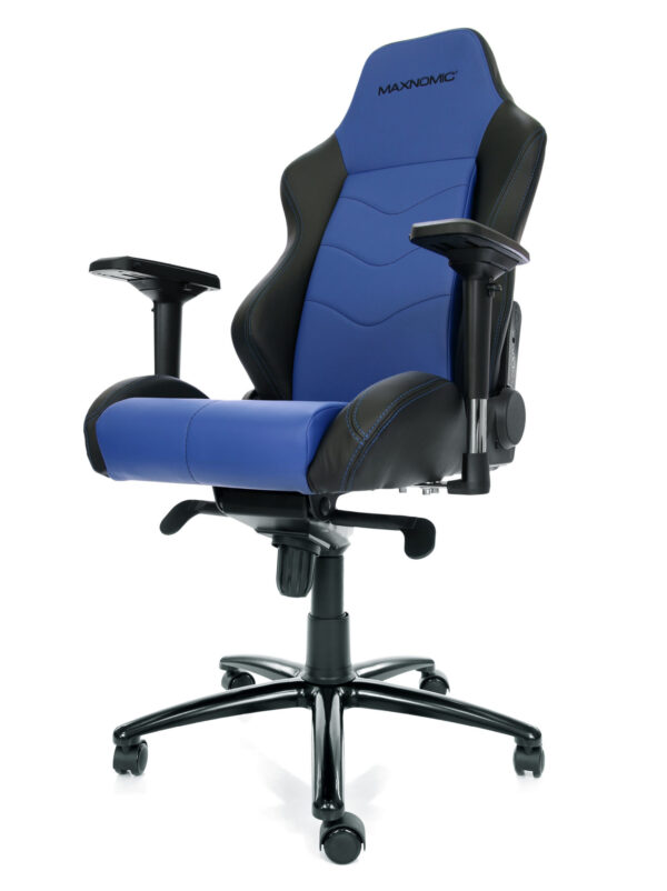 Gaming chair model Dominator Blue from Maxnomic® - a blue office chair with faux leather upholstery and black accents.