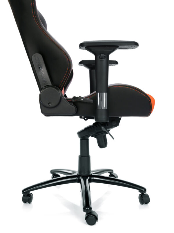 Side view of the Maxnomic® Dominator Orange with armrests, base and tilt mechanism.