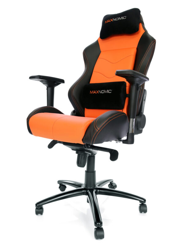 Gaming chair model Dominator Orange from Maxnomic® - an orange office chair with faux leather upholstery, black accents, and head and lumbar cushions.