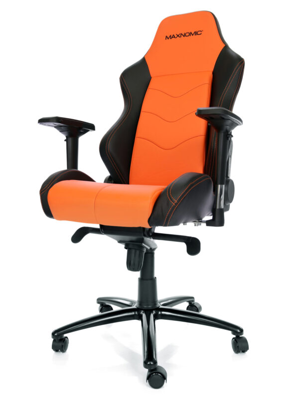 Gaming-Stuhl Modell Dominator Orange von Maxnomic® - ein orangefarbener Bürostuhl mit Kunstlederbezug mit schwarzen Akzenten.