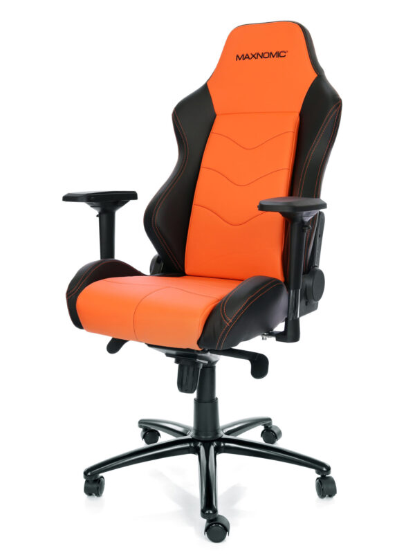 Gaming chair model Dominator Orange from Maxnomic®, an orange office chair with artificial leather upholstery with black accents, turned slightly to the left.