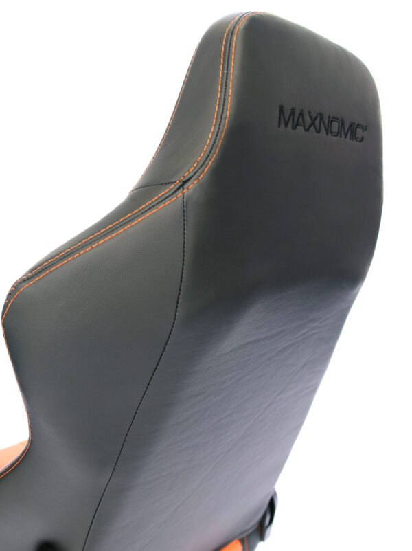 Rear view of the backrest of the Maxnomic® Dominator Orange with black embroidered Maxnomic® logo