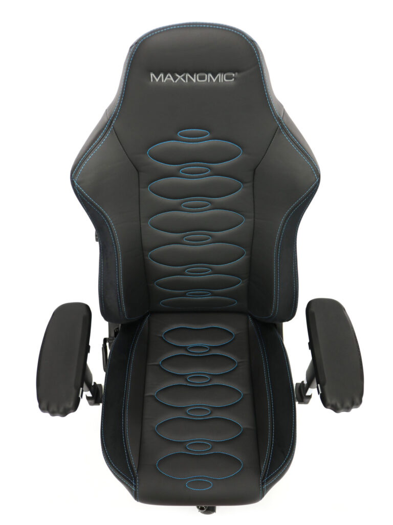 Armrests, seat and backrest of the Maxnomic® ERGOCEPTOR OFC Brilliant Blue from above.