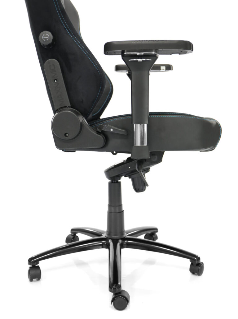 Side view of the Maxnomic® ERGOCEPTOR OFC Brilliant Blue with armrests, base and rocker mechanism.