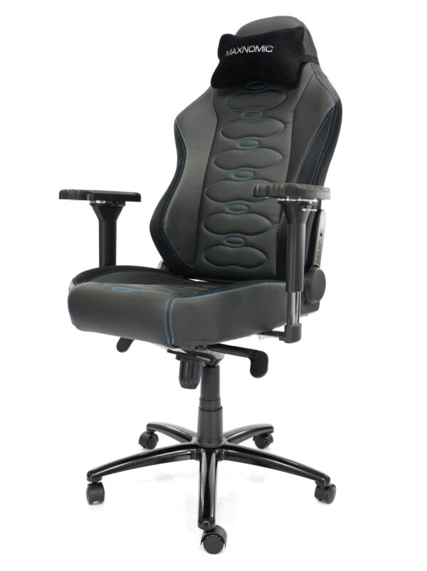 eSports chair model ERGOCEPTOR OFC from Maxnomic® in Brilliant Blue. A black office chair with oval stitching, blue seams and design-protected Maxnomic® 4D armrests and head and lumbar cushions.