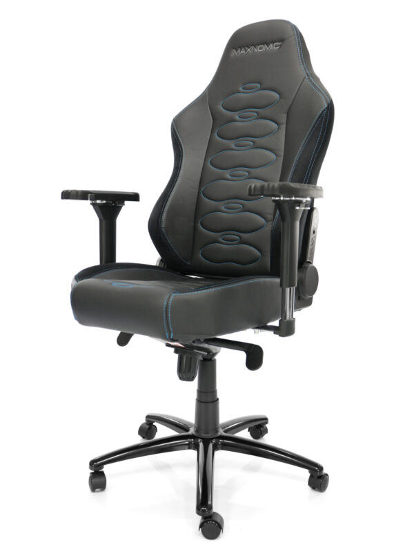 eSports chair model ERGOCEPTOR OFC from Maxnomic® in Brilliant Blue. A black office chair with oval stitching, blue seams and design-protected Maxnomic® 4D armrests.