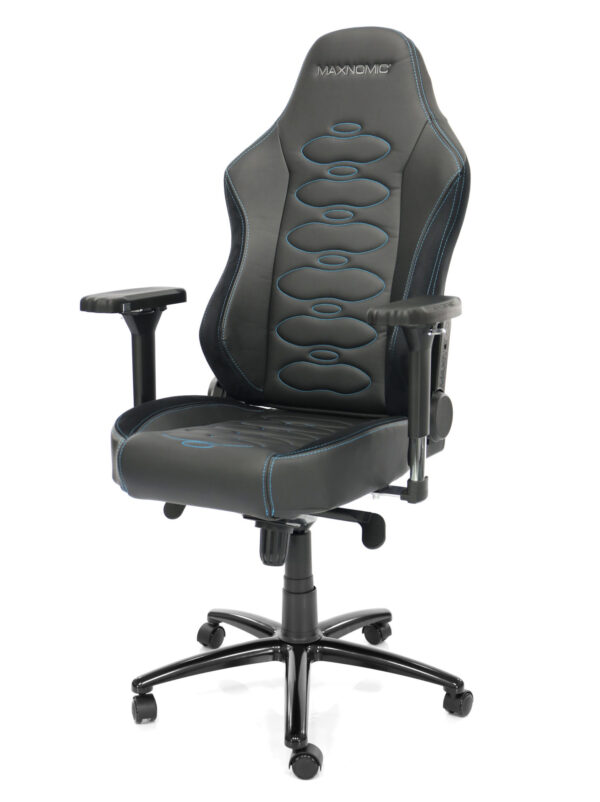 eSports chair model ERGOCEPTOR OFC from Maxnomic® in Brilliant Blue. A black office chair with oval blue stitching, turned slightly to the left.