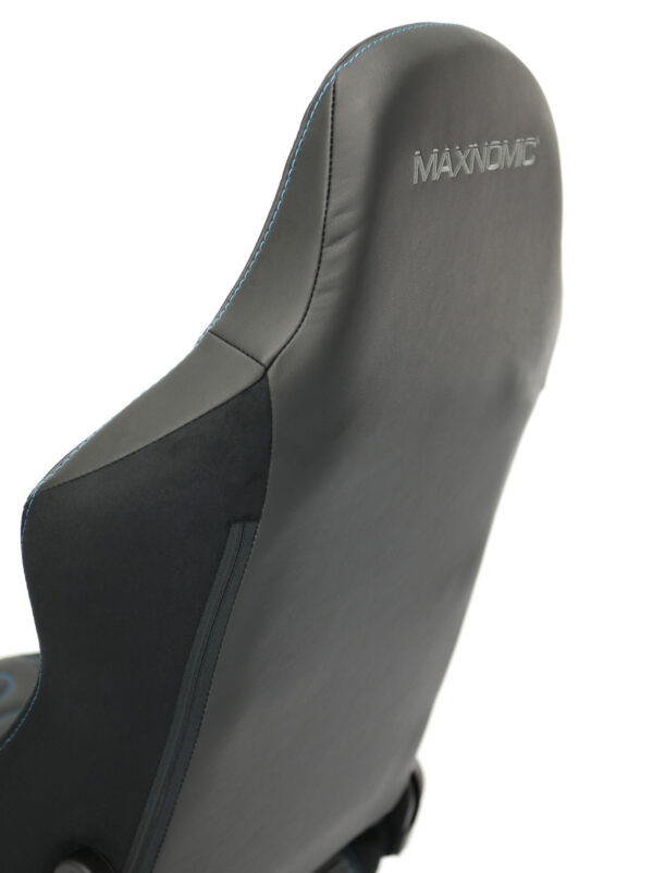 Rear view of the backrest of the Maxnomic® ERGOCEPTOR OFC Brilliant Blue with gray embroidered Maxnomic® logo.