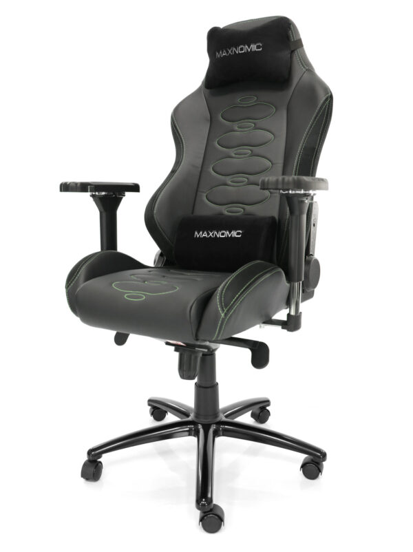 eSports chair model ERGOCEPTOR PRO from Maxnomic® in Alien Green. A black office chair with oval stitching, green seams and design-protected Maxnomic® 4D armrests and head and lumbar cushions.