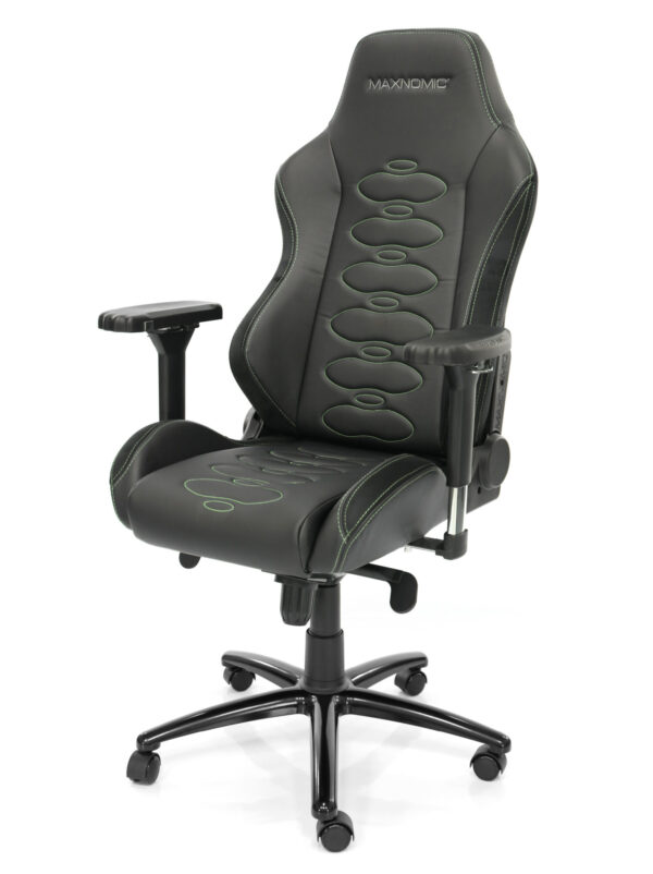 eSports chair model ERGOCEPTOR Pro from Maxnomic® in Alien Green. A black office chair with oval green stitching, turned slightly to the left.