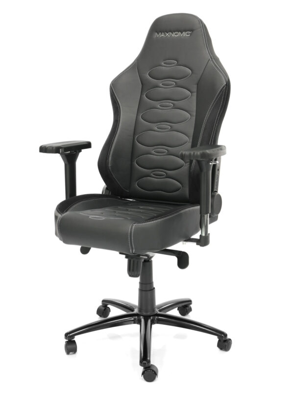 eSports chair model ERGOCEPTOR OFC from Maxnomic® in Slightly Silver. A black office chair with oval silver stitching, turned slightly to the left.