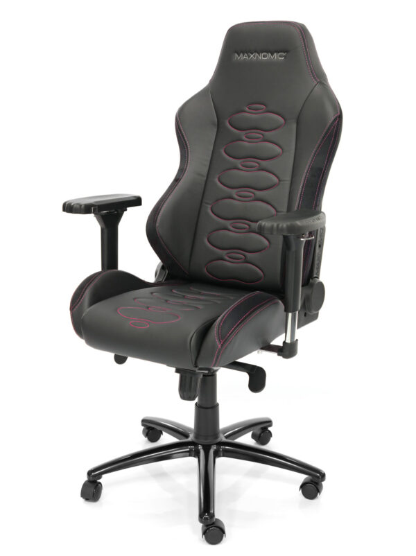 eSports chair model ERGOCEPTOR Pro from Maxnomic® in Rasberry Red. A black office chair with oval red stitching, turned slightly to the left.