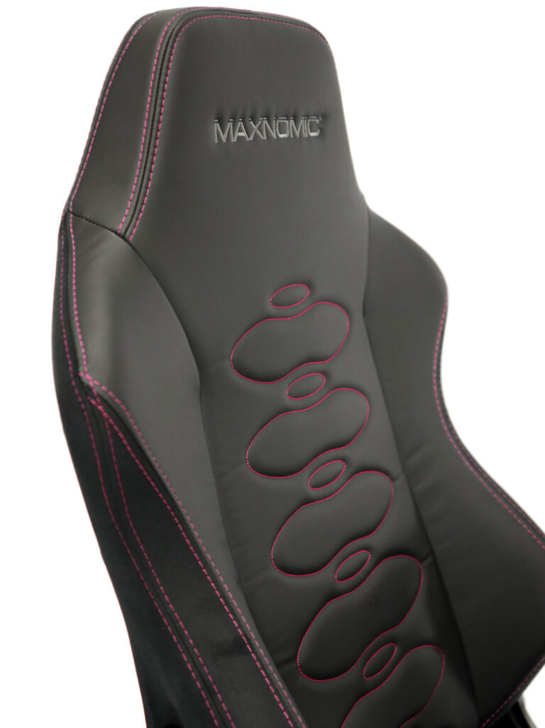 Backrest of the Maxnomic® ERGOCEPTOR PRO Rasberry Red with gray embroidered Maxnomic® logo.