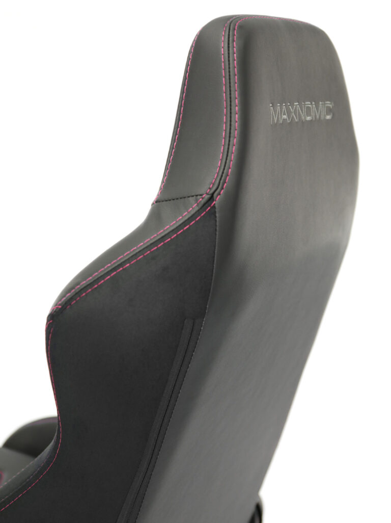 Rear view of the backrest of the Maxnomic® ERGOCEPTOR PRO Rasberry Red with gray embroidered Maxnomic® logo.