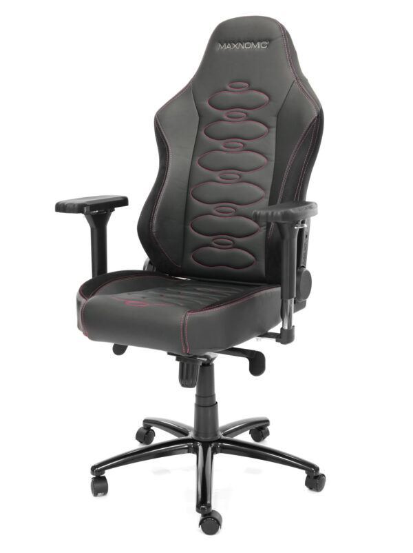 eSport-Stuhl Modell ERGOCEPTOR OFC von Maxnomic® in Rasberry Red. Ein schwarzer Bürostuhl mit ovalen roten Absteppungen, leicht nach links gedreht.