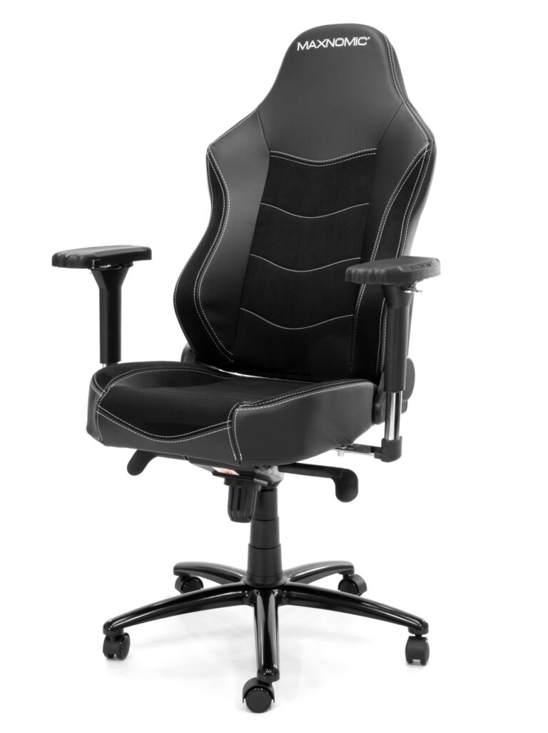 Bürostuhl Modell Maxnomic® Leader Executive Edition in Schwarz. Schwarzer Bürostuhl mit Mikrofaser- und Kunstlederbezug und integrierter Lordosenstütze, leicht nach links gedreht.