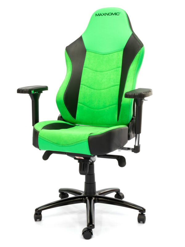 Office chair model Maxnomic® Leader Executive Edition in green. Green office chair with microfiber and imitation leather upholstery, black accents and integrated lumbar support, turned slightly to the left.