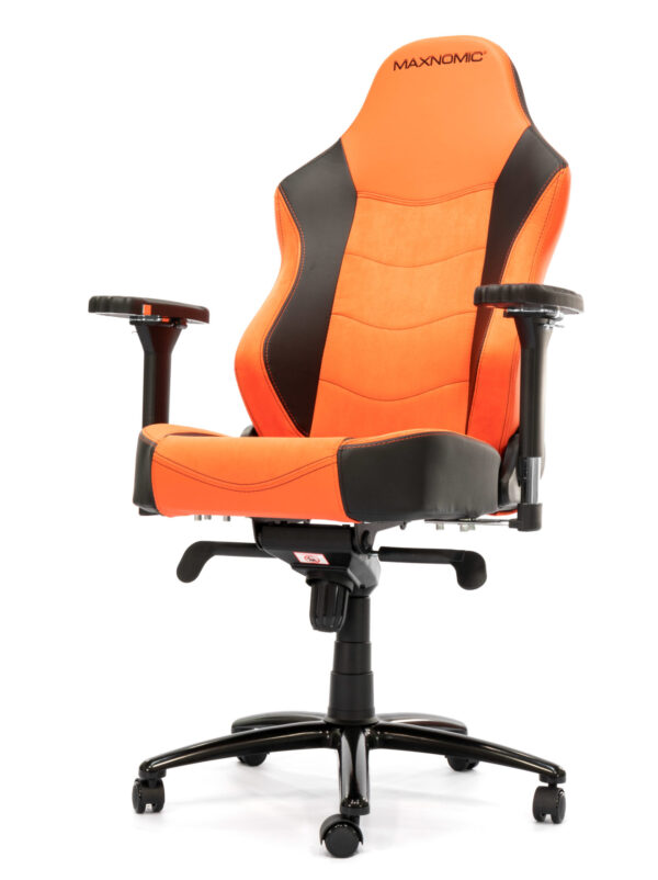 Office chair model: Leader Executive Edition in orange by Maxnomic® - Orange office chair with microfiber and imitation leather upholstery and integrated lumbar support.