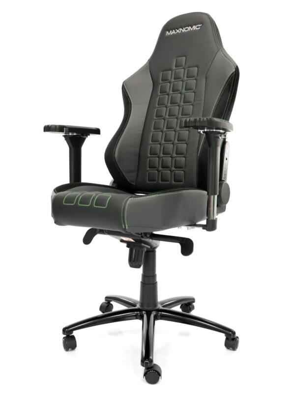 eSports chair model QUADCEPTOR OFC from Maxnomic® in Alien Green. A black office chair with square stitching, green seams and design-protected Maxnomic® 4D armrests.