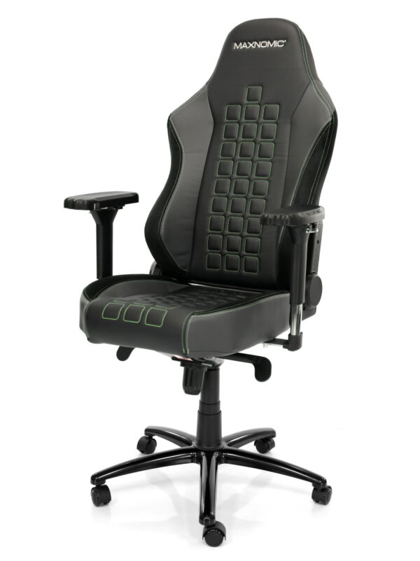 eSports chair model QUADCEPTOR OFC from Maxnomic® in Alien Green. A black office chair with square green stitching, turned slightly to the left.