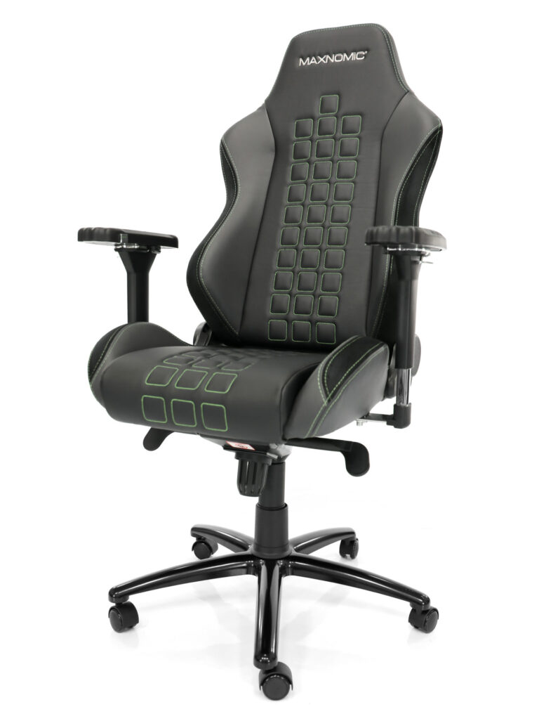 eSports chair model QUADCEPTOR Pro from Maxnomic® in Alien Green. A black office chair with square stitching, green seams and design-protected Maxnomic® 4D armrests.
