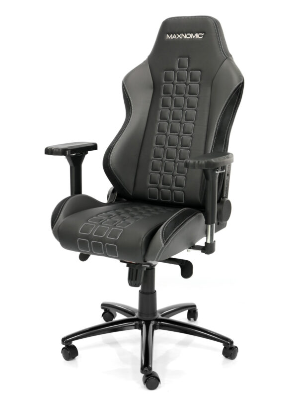 eSports chair model QUADCEPTOR Pro from Maxnomic® in Slightly Silver. A black office chair with square silver stitching, turned slightly to the left.