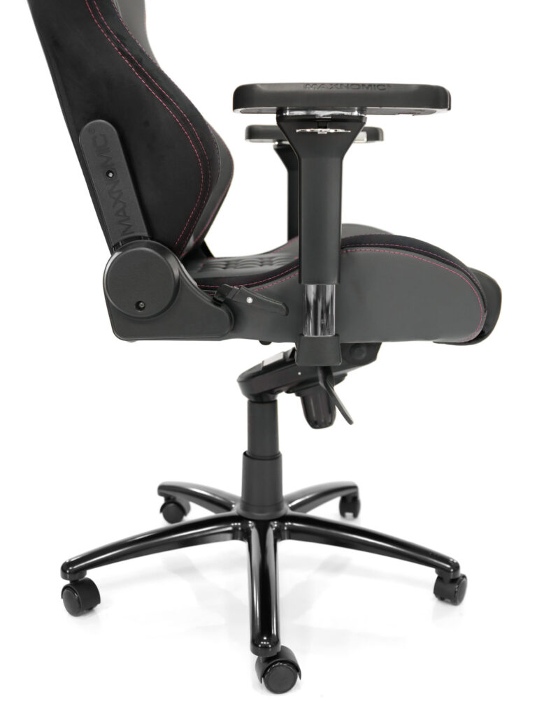 Side view of the Maxnomic® QUADCEPTOR PRO Rasberry Red with armrests, base and tilt mechanism.