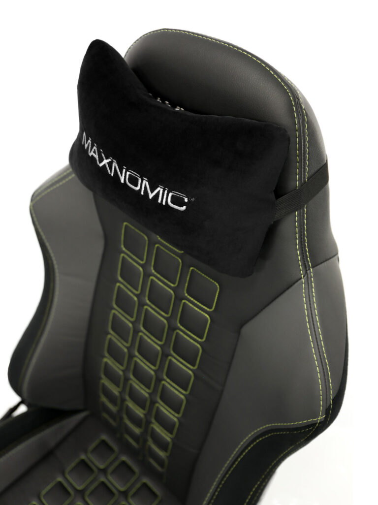 Backrest of the Maxnomic® QUADCEPTOR OFC Bumblebee Yellow with head and lumbar cushions.