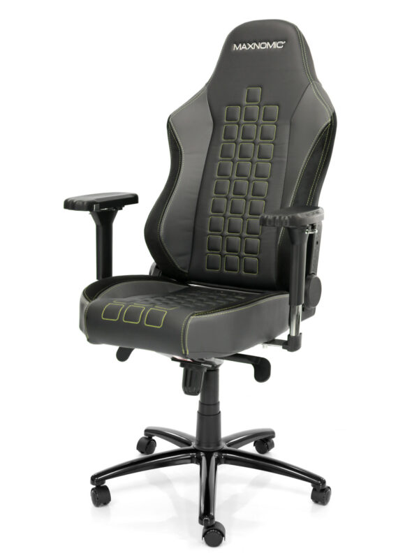 eSports chair model QUADCEPTOR OFC from Maxnomic® in Bumblebee Yellow. A black office chair with square yellow stitching, turned slightly to the left.