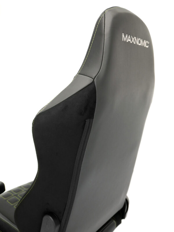 Rear view of the backrest of the Maxnomic® QUADCEPTOR OFC Bumblebee Yellow with gray embroidered Maxnomic® logo.