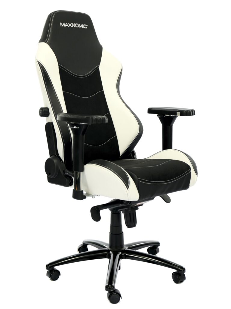 Bürostuhl Modell: Dominator Executive Edition in Weiß von Maxnomic® - Schwarz-weißer Bürostuhl mit Mikrofaser- und Kunstlederbezug.