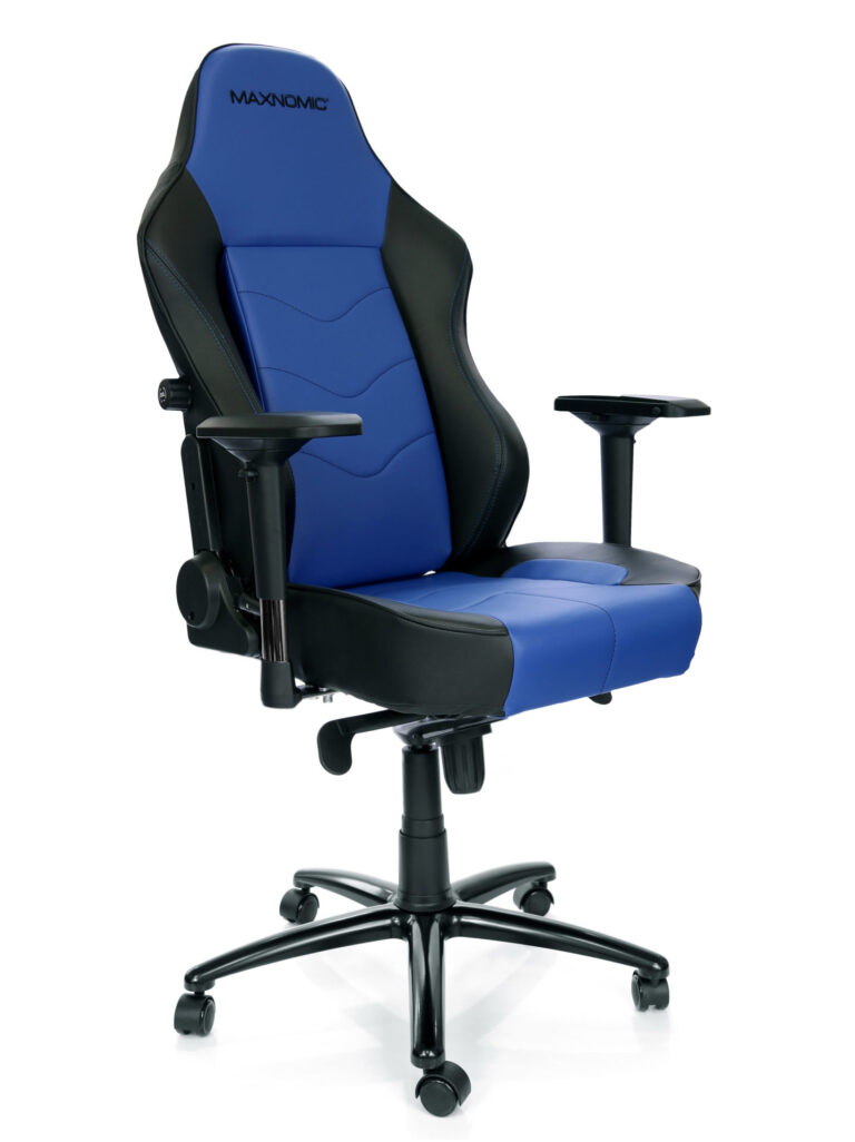 Office chair model Maxnomic® Leader in blue. Blue gaming chair with faux leather upholstery, black accents and integrated lumbar support.