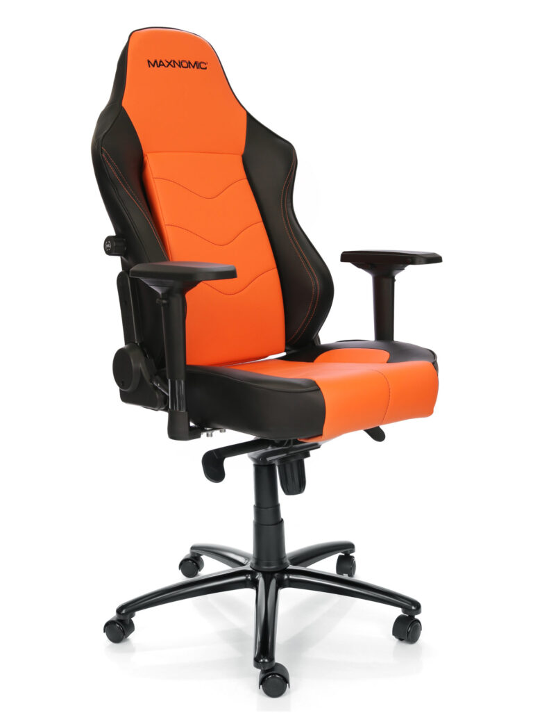 Office chair model Maxnomic® Leader in orange. Orange gaming chair with faux leather upholstery, black accents and integrated lumbar support.