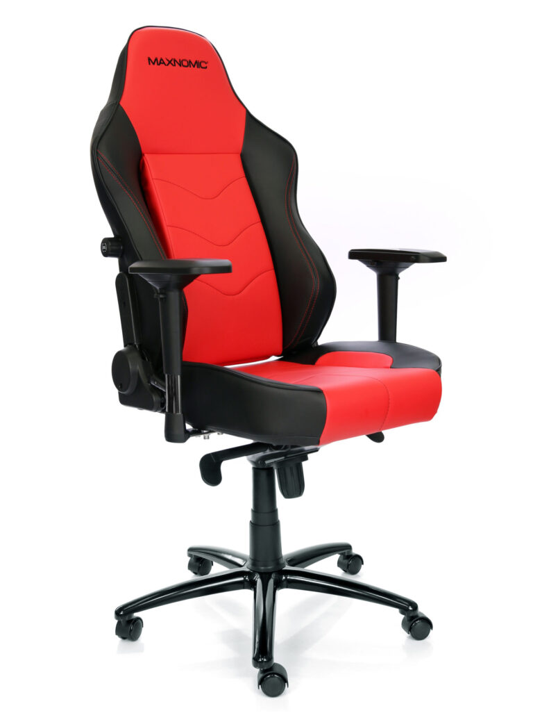 Maxnomic® Leader office chair in red. Red gaming chair with faux leather upholstery, black accents and integrated lumbar support.