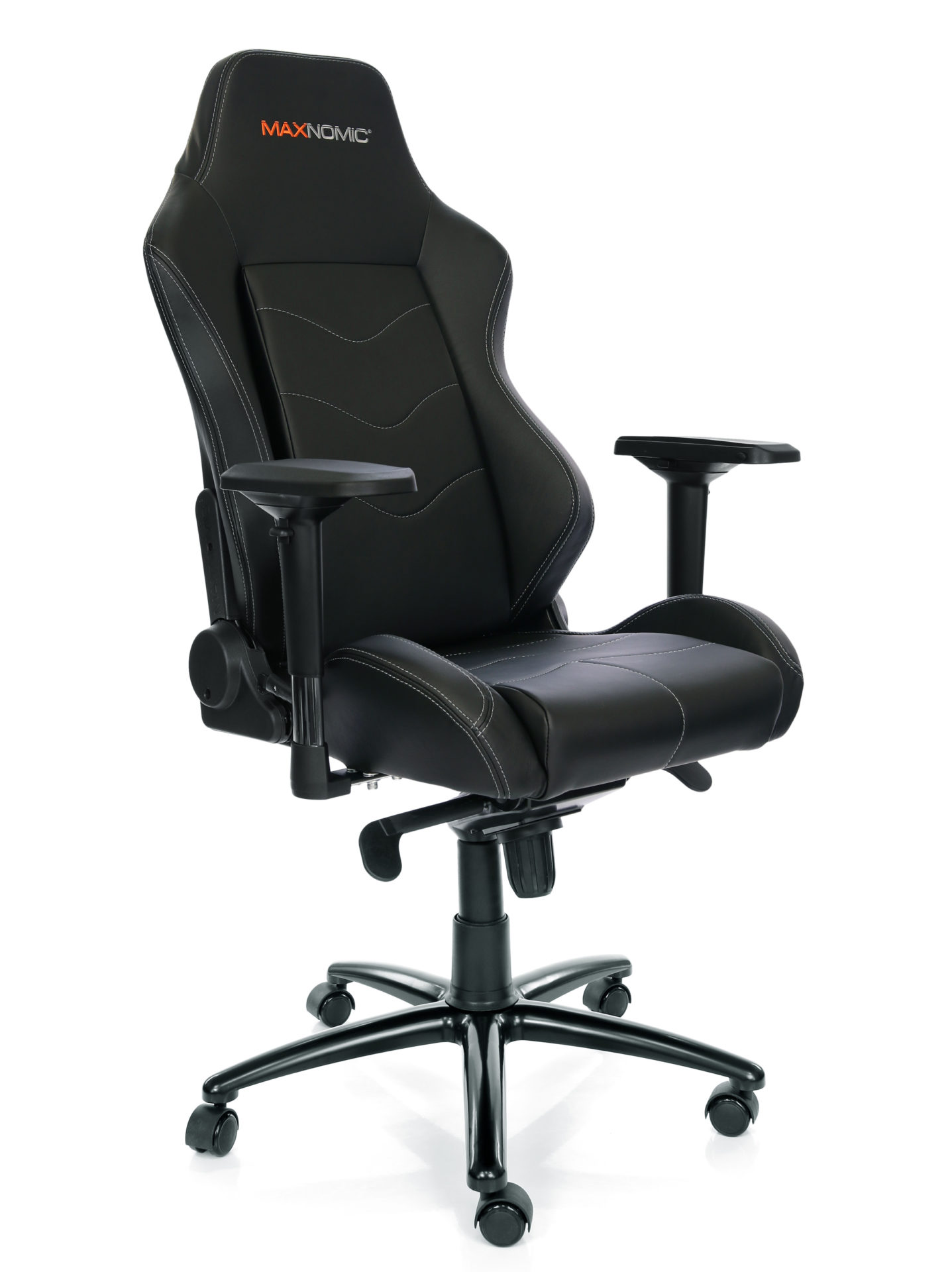 Gaming-Stuhl Modell Dominator Schwarz von Maxnomic® - ein schwarzer Bürostuhl mit Kunstlederbezug, 4D-Armlehen, Höhenverstellung und Wippmechanik mit 5 Feststellpositionen.