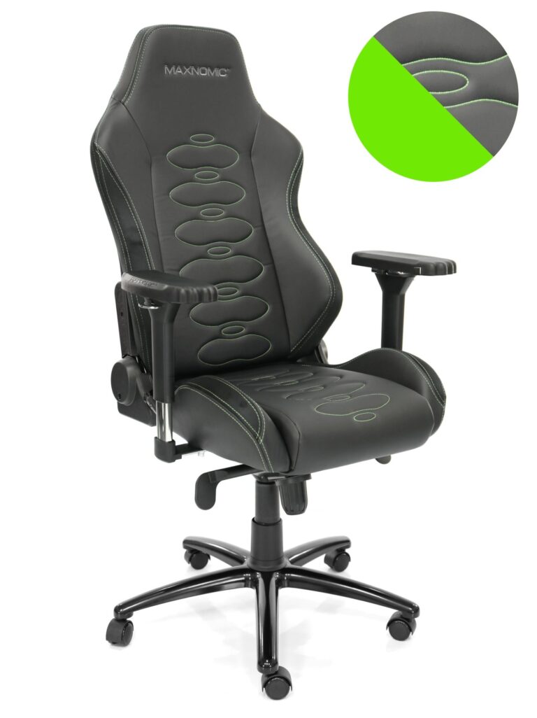 eSports chair model ERGOCEPTOR Pro from Maxnomic® in Alien Green with a timeless design. A black office chair with oval stitching, green seams and design-protected Maxnomic® 4D armrests.