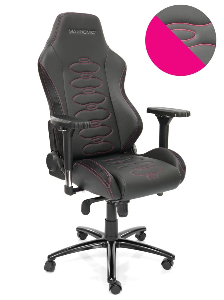 eSports chair model ERGOCEPTOR Pro from Maxnomic® in Rasberry Red. A black office chair with oval red stitching.