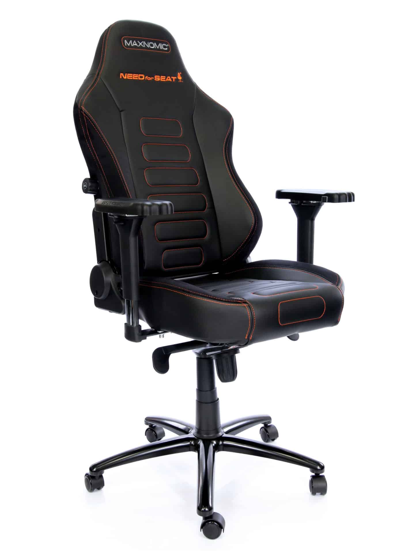 Office chair model Maxnomic® NEEDforSEAT® OFC - A black gaming chair with orange stitching, the design-protected 4D armrests and the orange NEEDforSEAT® logo embroidered into the backrest.