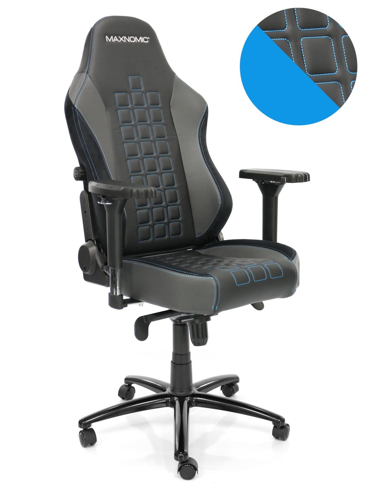 eSport-Stuhl Modell QUADCEPTOR OFC von Maxnomic® in Brilliant Blue. Ein schwarzer Bürostuhl mit quadratischen Absteppungen, blauen Nähten und designgeschützen Maxnomic®-4D-Armlehnen.