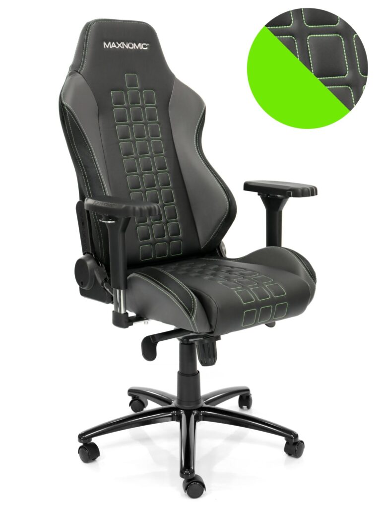 eSports chair model QUADCEPTOR Pro from Maxnomic® in Alien Green. A black office chair with square stitching, green seams and design-protected Maxnomic® 4D armrests.
